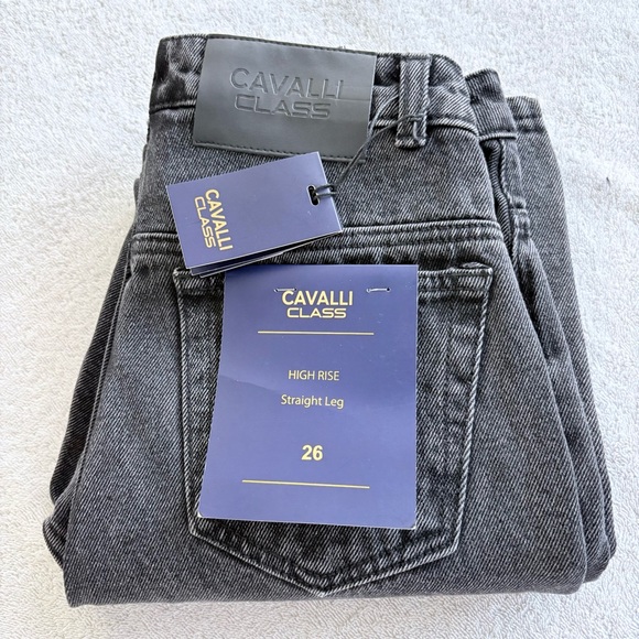 Cavalli Class Denim - NWT Cavalli Class High Rise Straight Leg Faded Black Denim Women's Jeans SZ 26